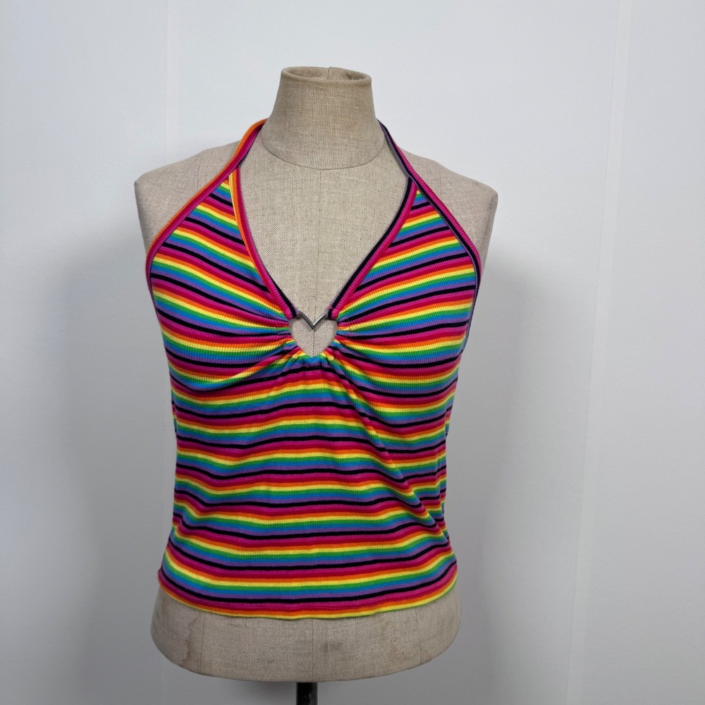 Social Collision Y2K Hot Topic Rainbow Striped Halter Top Heart Ribbed Girls L